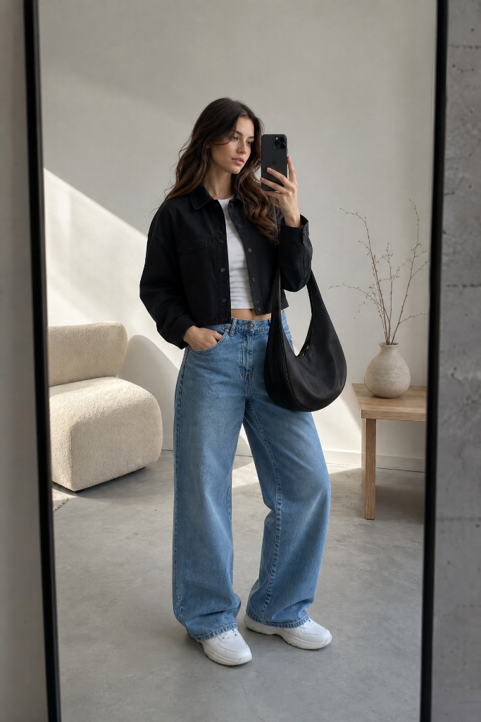 Fall Outfits with Sneakers and Jeans 2026 Cropped Black Jacket With Wide-Leg Denim Ease