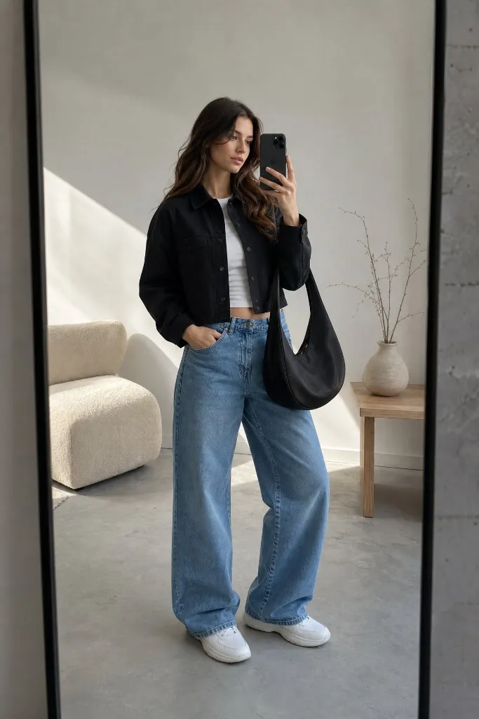 Fall Outfits with Sneakers and Jeans 2026 Cropped Black Jacket With Wide-Leg Denim Ease