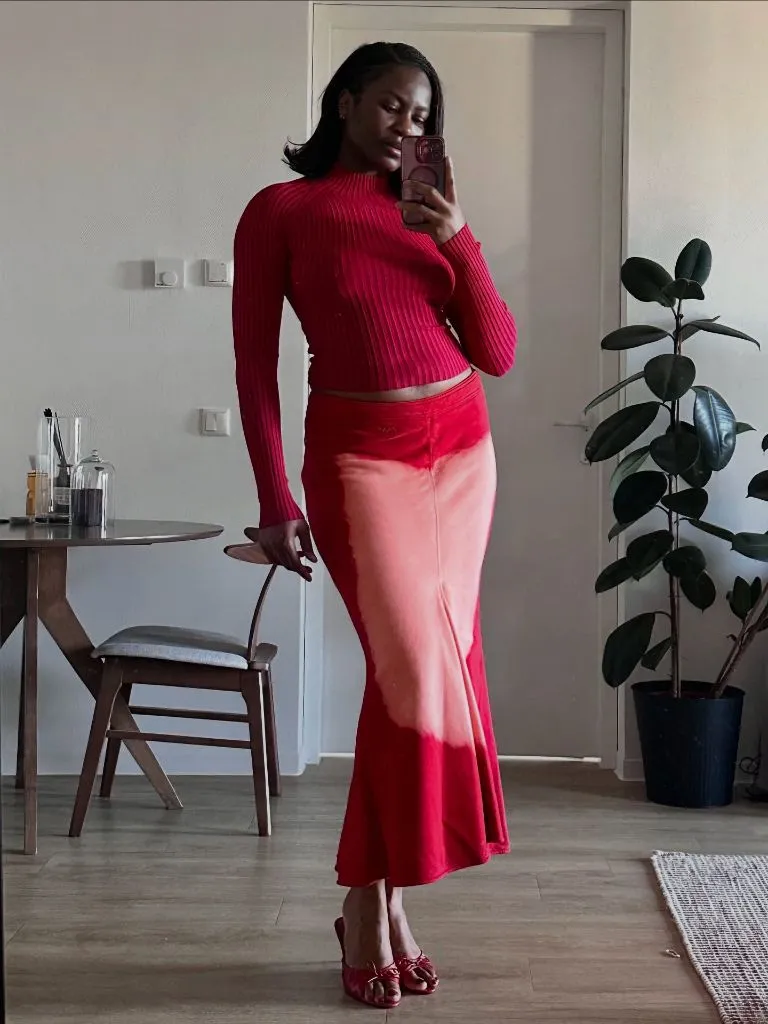 Fall Outfits for Black Women in 2026 Crimson Ribbed Knit With Satin Midi Skirt for a Low-Key Date Night
