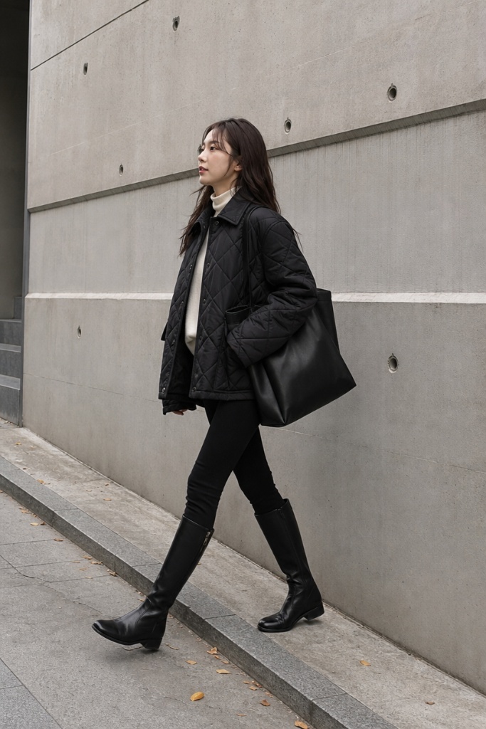 Fall Outfit Ideas with Leggings and Boots 2026 Black Quilted Jacket With Minimal-Mono Calm