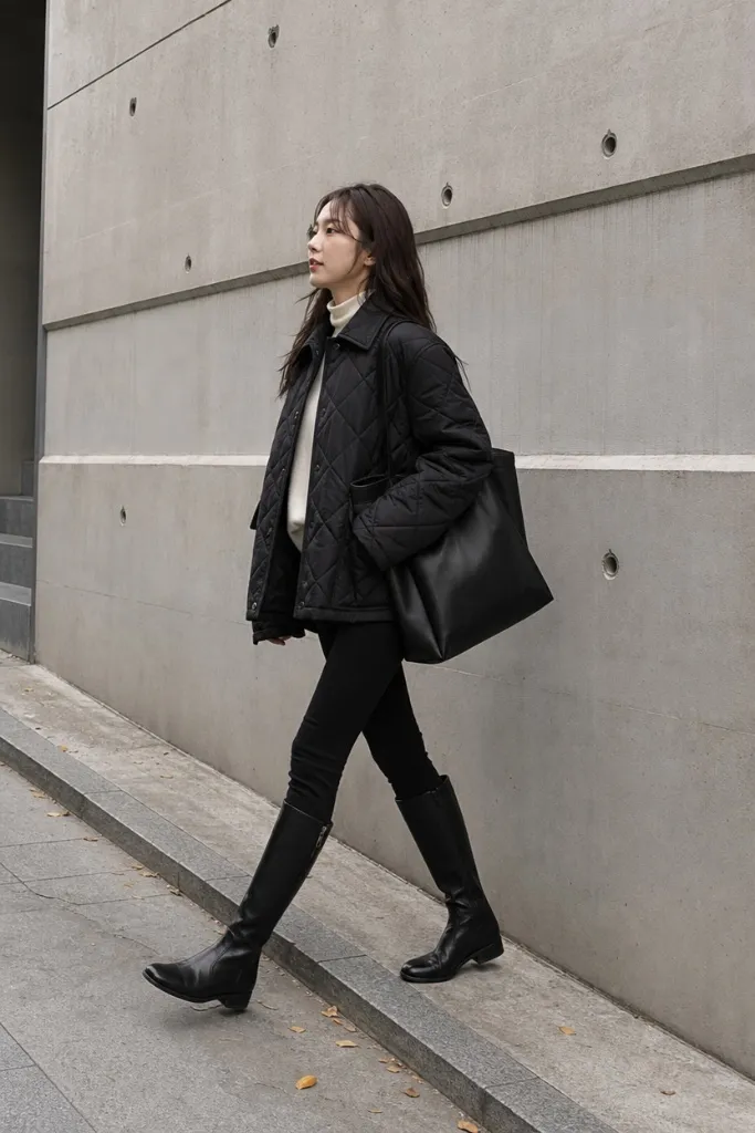 Fall Outfit Ideas with Leggings and Boots 2026 Black Quilted Jacket With Minimal-Mono Calm