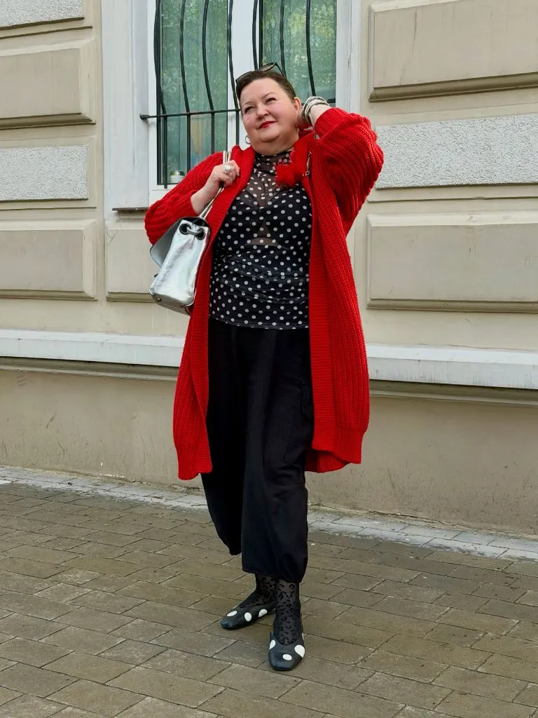 Fall Outfits for Plus Size Women 2026 Red Chunky Cardigan With Polka Dot Sheer Top and Statement Shoes