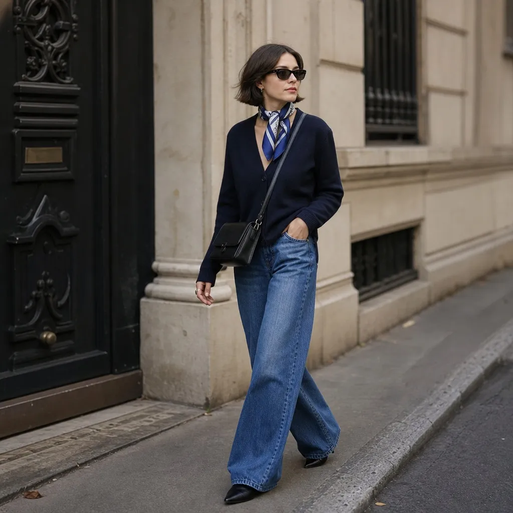 Fall Work Outfits 2026 ideas Navy V-Neck Cardigan With Wide-Leg Denim and Parisian Scarf Detail