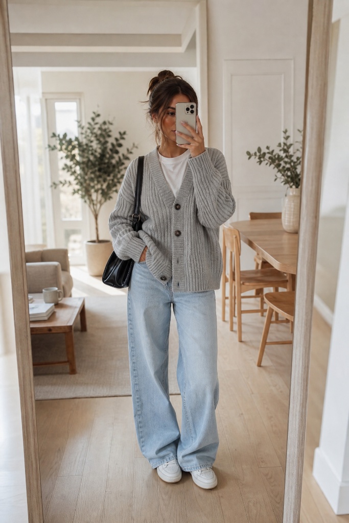 Fall Outfits with Sneakers and Jeans 2026 Grey Cardigan With Slouchy At-Home Ease