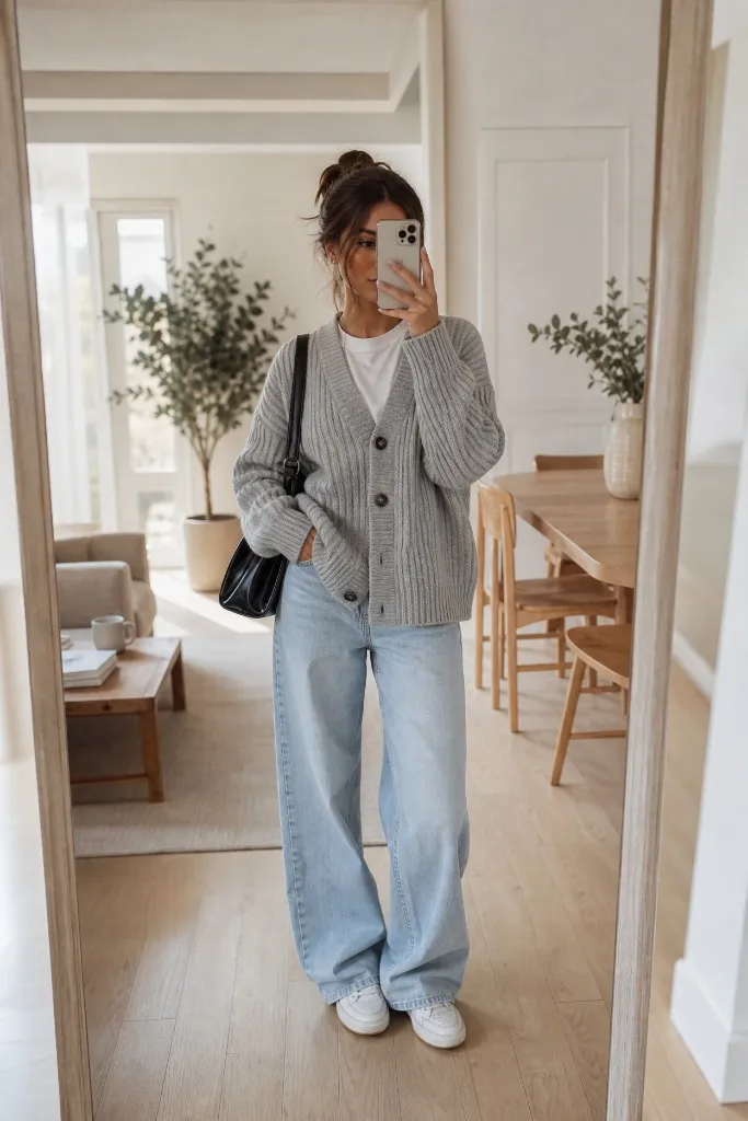 Fall Outfits with Sneakers and Jeans 2026 Grey Cardigan With Slouchy At-Home Ease