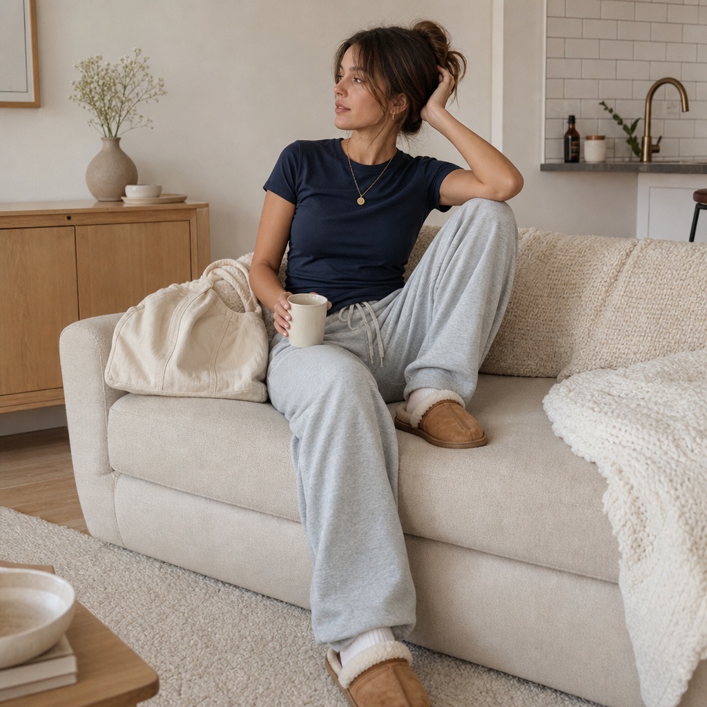 Back-to-School Outfits 2026 Navy Tee and Grey Joggers With At-Home Comfort