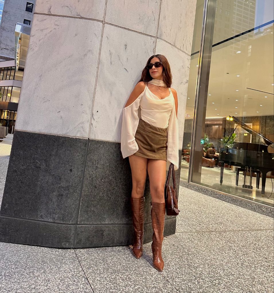 Fall Date Night Outfits 2026 Cowl-Neck Satin Top and Suede Mini for a Night-Out Look