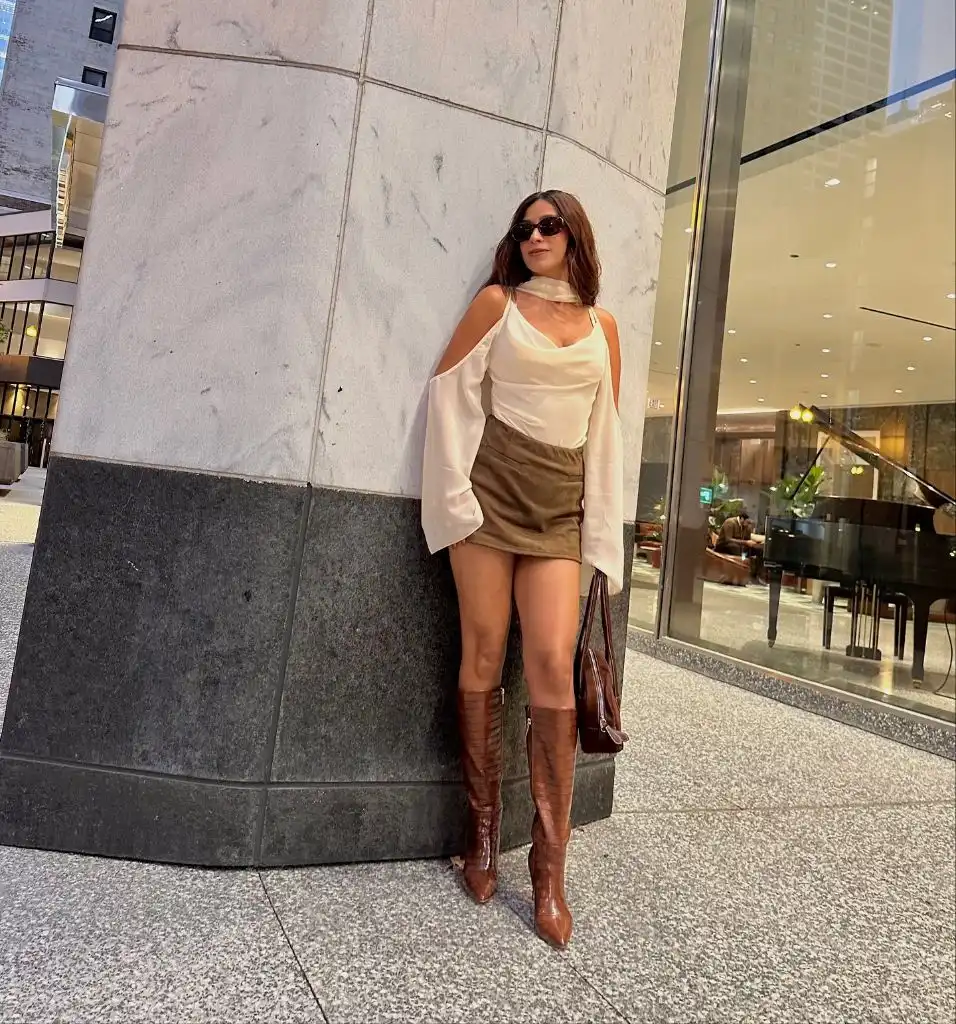 Fall Date Night Outfits 2026 Cowl-Neck Satin Top and Suede Mini for a Night-Out Look