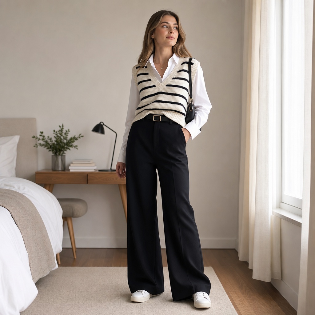 Casual Fall Work Outfits 2026 Striped Knit Vest Over White Shirt With Wide Trousers for Polished Layers