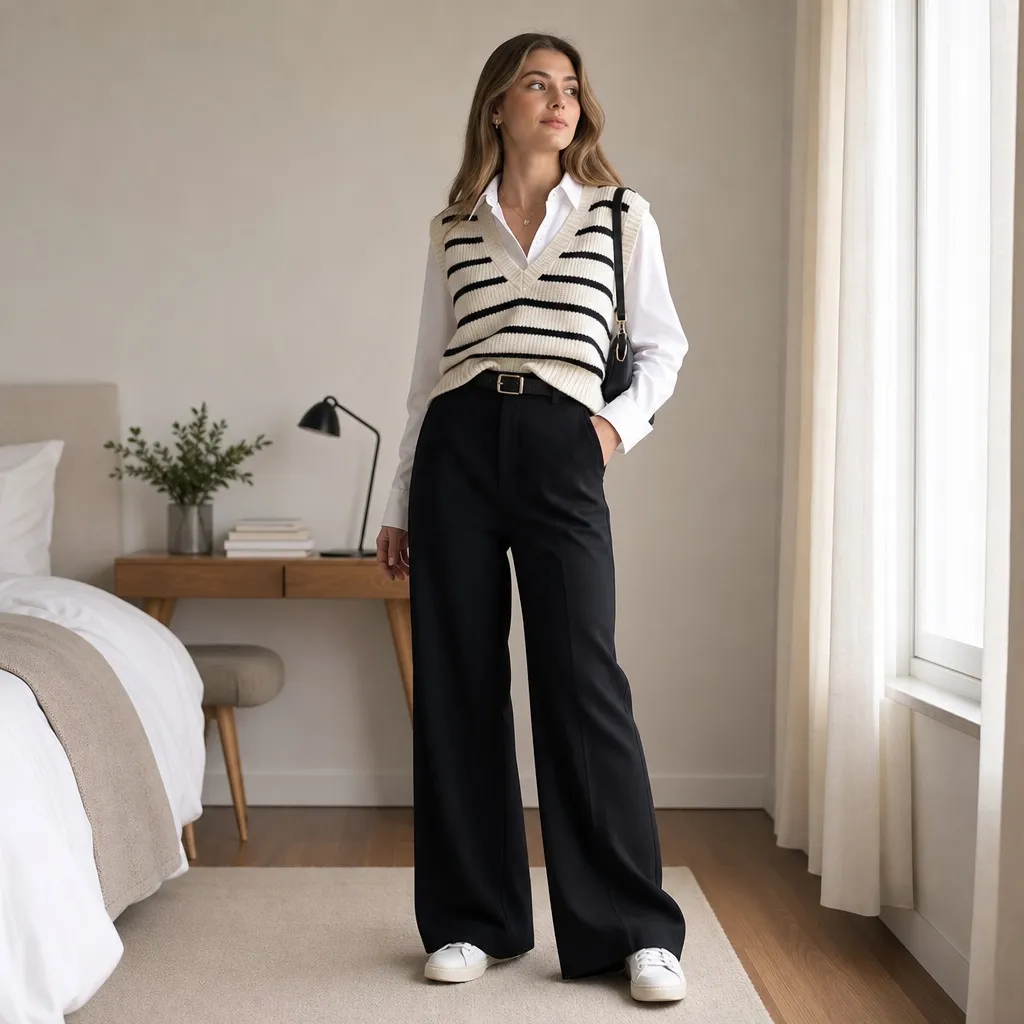 Casual Fall Work Outfits 2026 Striped Knit Vest Over White Shirt With Wide Trousers for Polished Layers