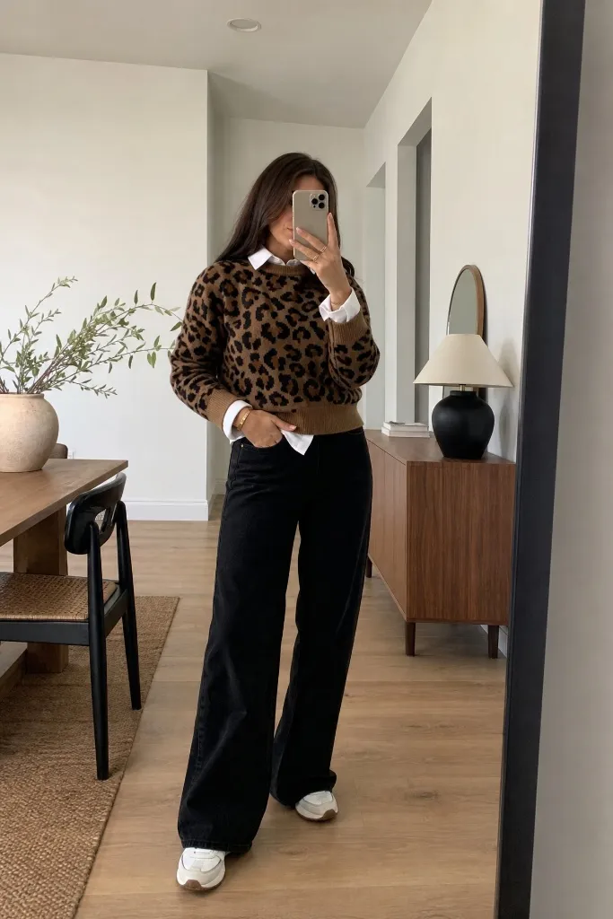 Fall Pants Outfits for Women 2026 Leopard Print Sweater With Black Wide-Leg Jeans for Bold Layers