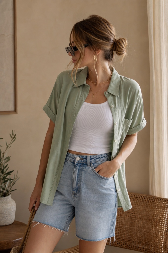 July Outfits Ideas 2026 Sage Green Button-Down Layered Over a White Tank With Denim Shorts