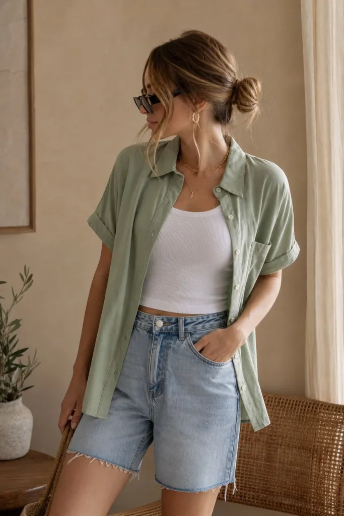 July Outfits Ideas 2026 Sage Green Button-Down Layered Over a White Tank With Denim Shorts