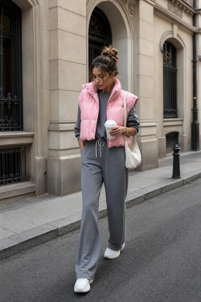 Fall Pants Outfits for Women 2026 Pink Puffer Vest Over Grey Sweats for Sporty Fall Comfort