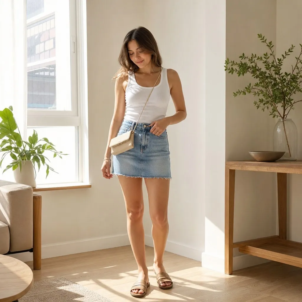 July 2026 Fashion Trends White Tank and Raw-Hem Denim Skirt With Minimal Warmth