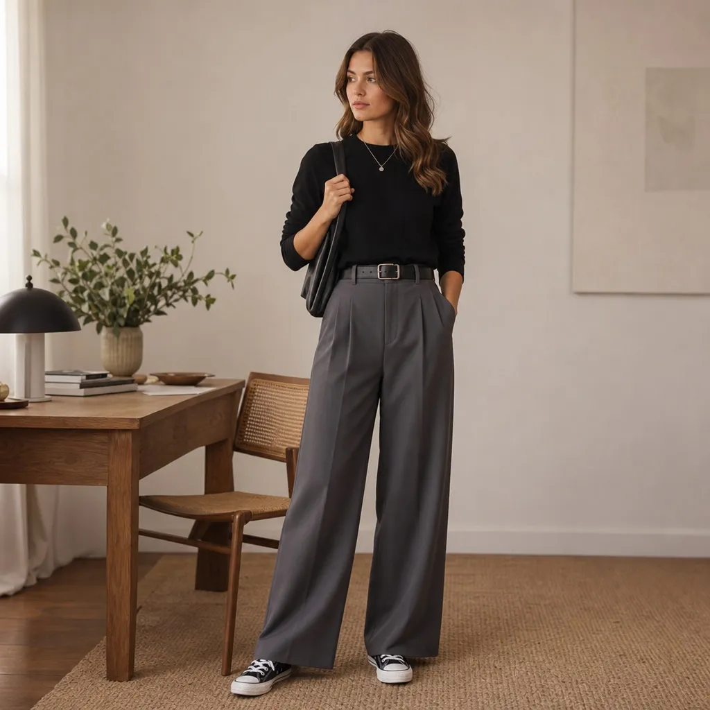 Casual Fall Work Outfits 2026 Black Sweater With Gray Wide-Leg Trousers and Canvas Sneakers for Relaxed Intelligence