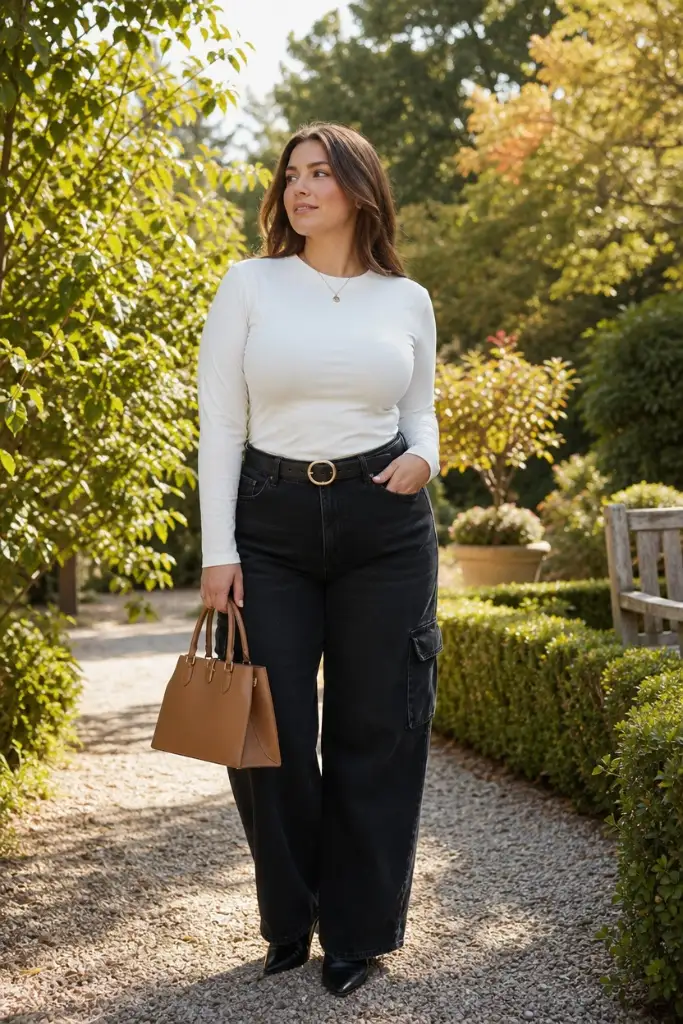 Fall Outfit Ideas for Big Busted Women 2026 White Long-Sleeve Tee With Black Wide Cargo Jeans