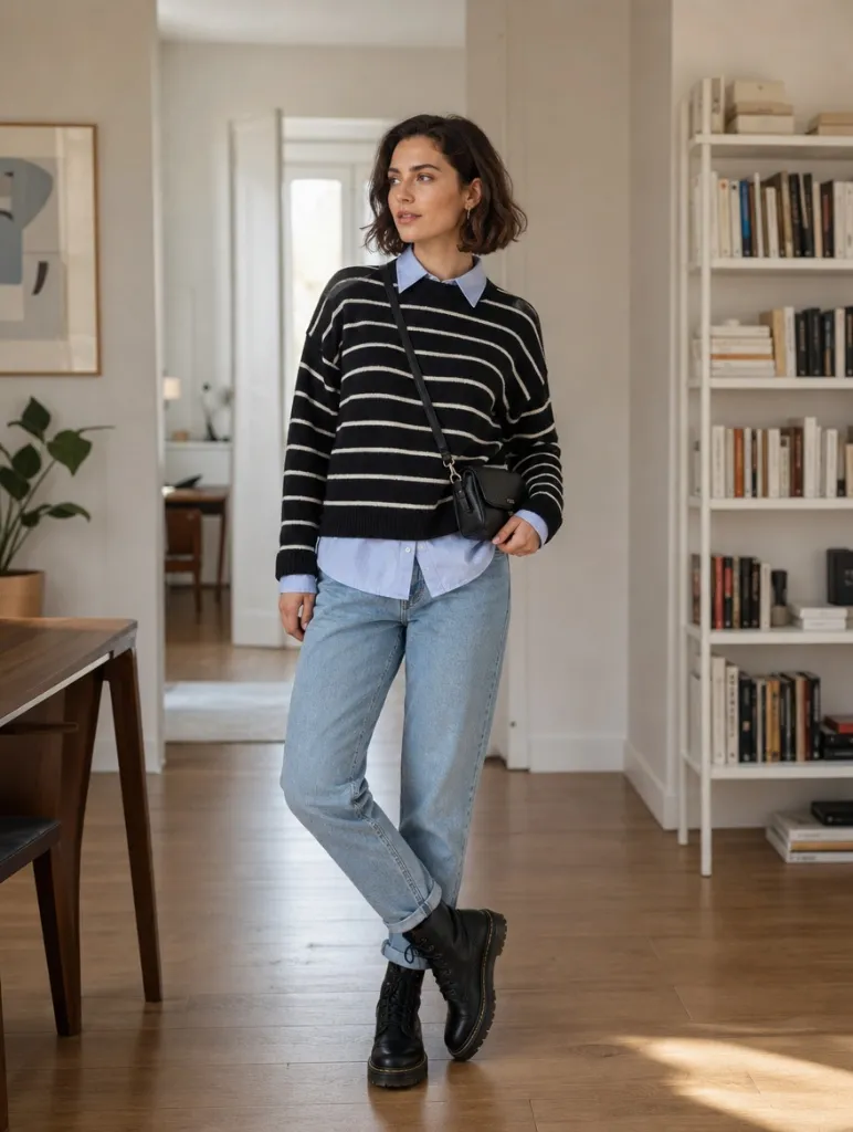 Fall Office Outfit Ideas for Women 2026 Striped Knit Over a Collared Shirt With Light Jeans