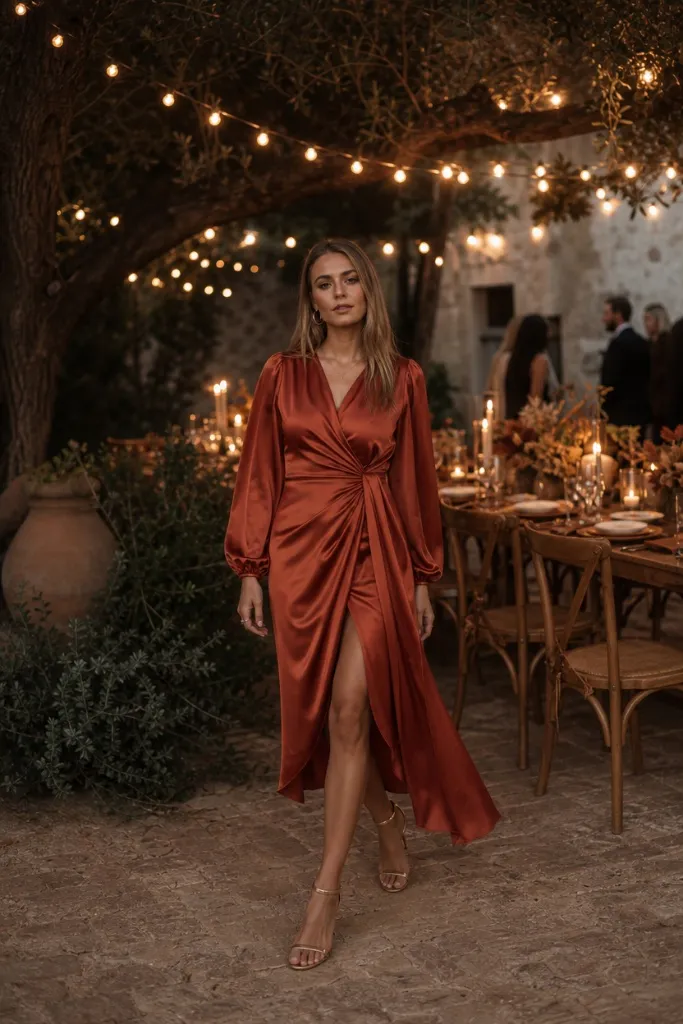 Fall Wedding Guest Dresses 2026 Rust Satin Wrap Midi Dress With Knotted Waist Under String Lights
