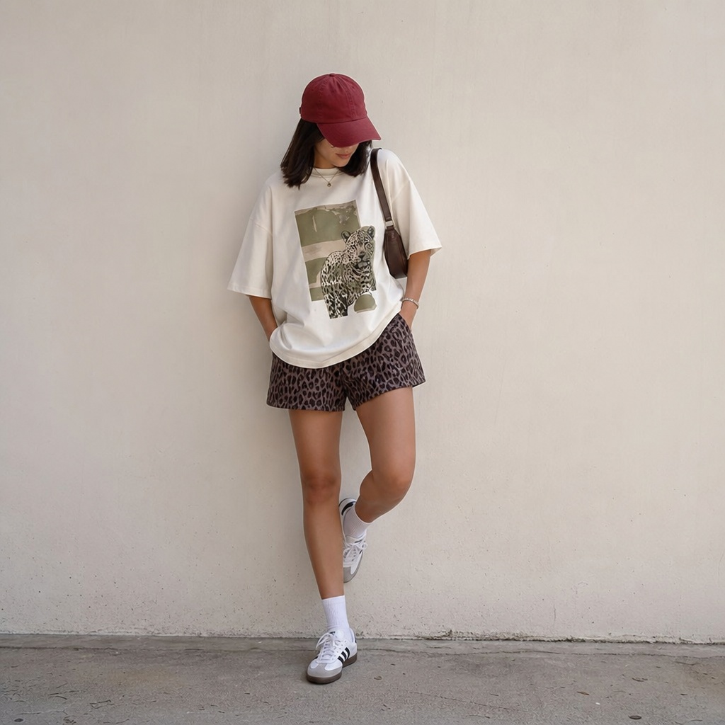 July Outfits Ideas 2026 Graphic Leopard Tee With Animal Print Shorts and Burgundy Cap