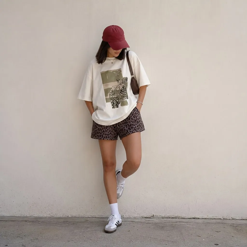 July Outfits Ideas 2026 Graphic Leopard Tee With Animal Print Shorts and Burgundy Cap