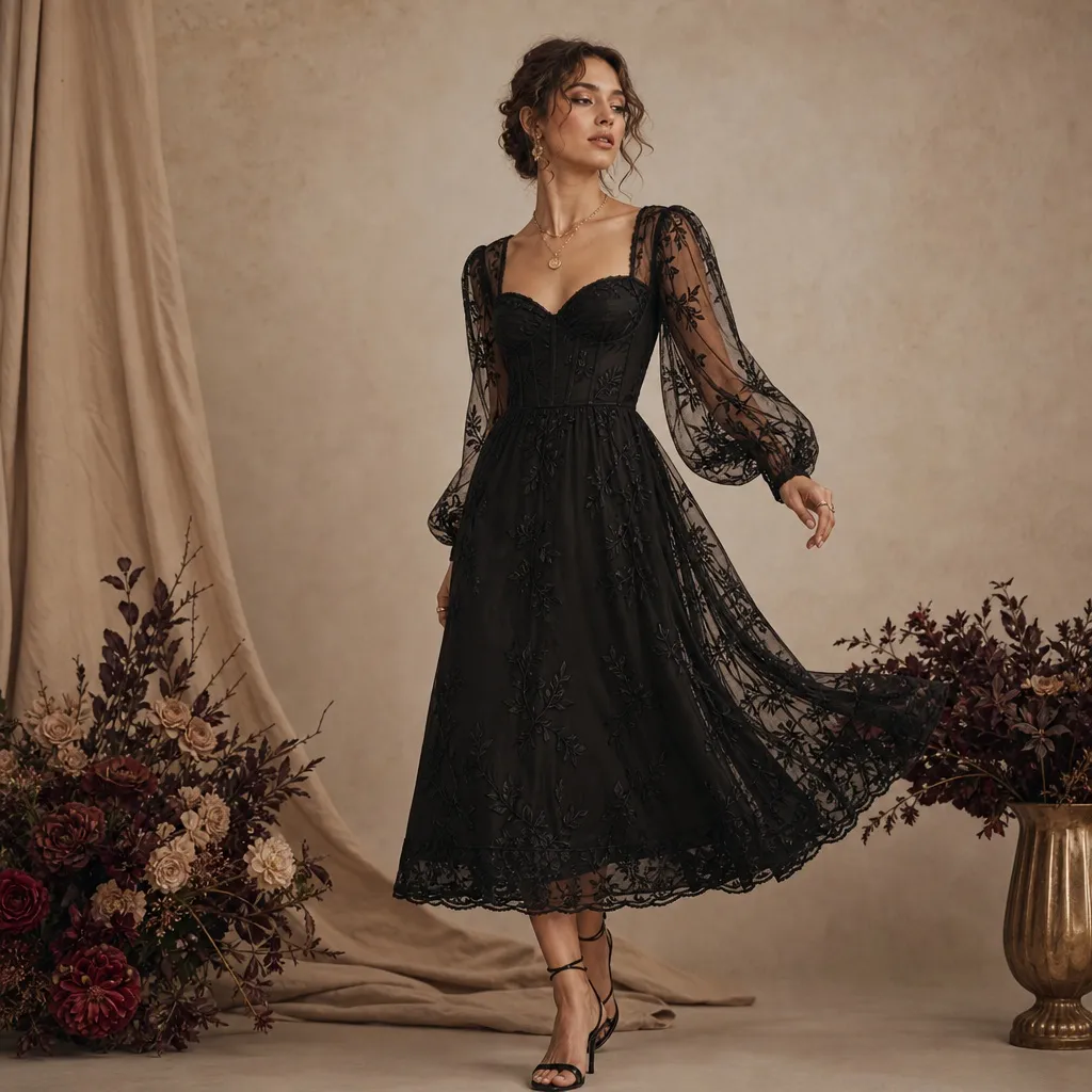 Fall Wedding Guest Dresses 2026 Black Lace Corset Midi Dress With Sheer Bishop Sleeves