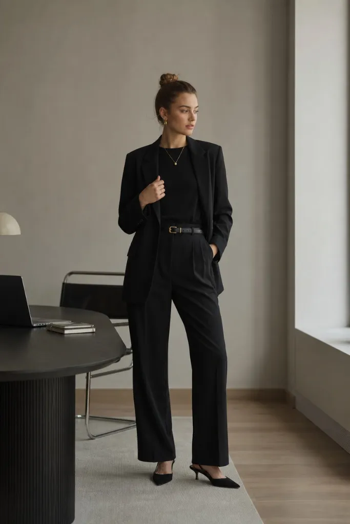 Casual Fall Work Outfits 2026 All-Black Tailored Power With Kitten Heel Precision