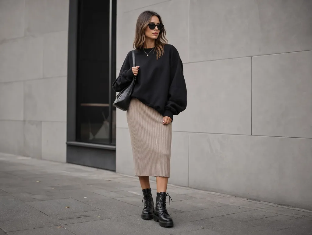 Fall Office Outfit Ideas for Women 2026 Oversized Black Sweatshirt With a Ribbed Midi Skirt