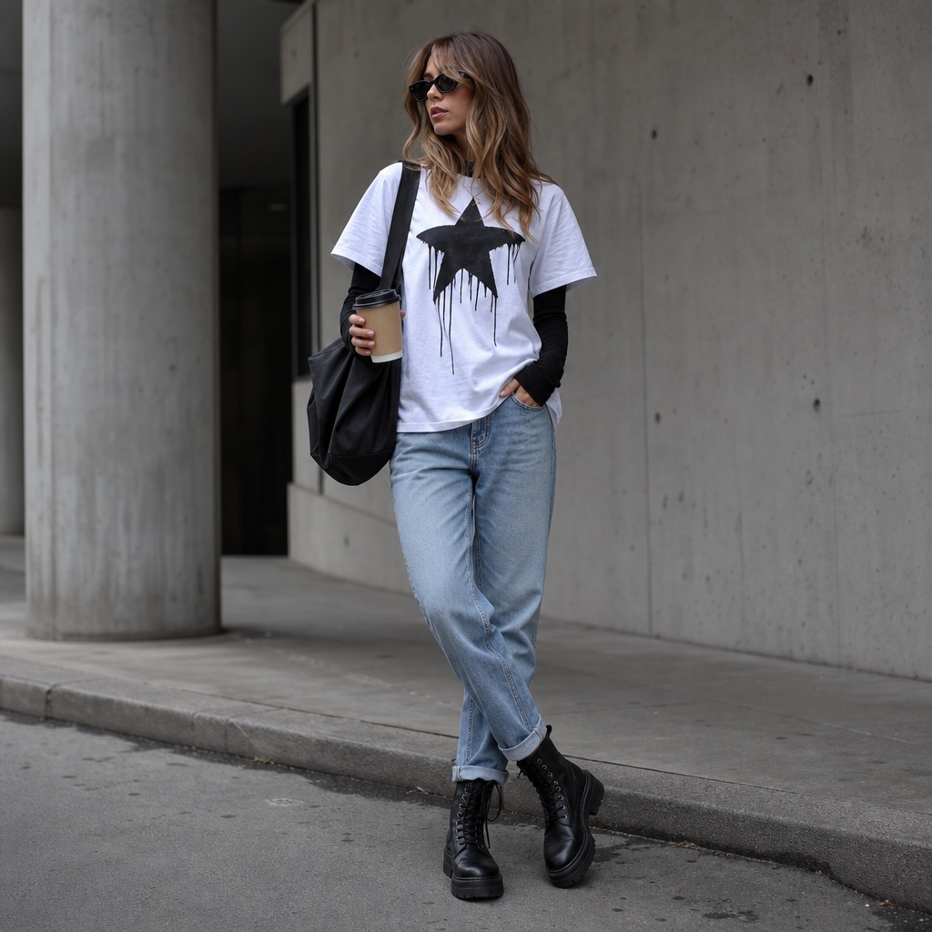 All Outfits with Boots 2026 Graphic Tee and Mom Jeans for Lived-In Combat Boots