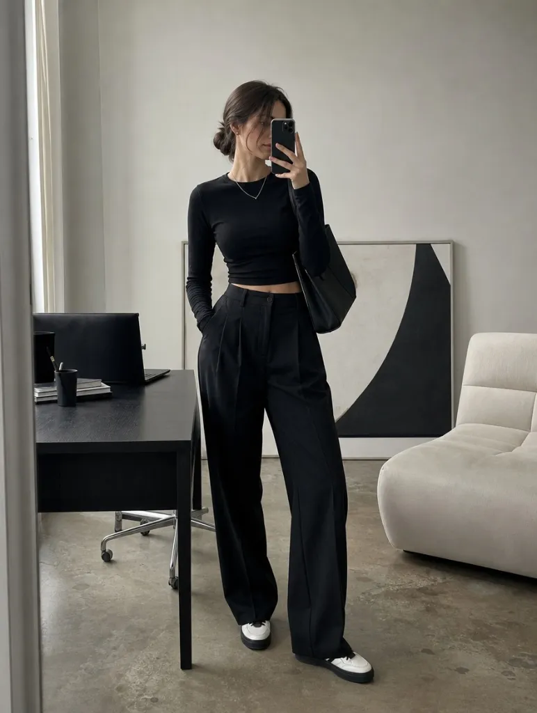 Fall Office Outfit Ideas for Women 2026 Black On Black With Wide Trousers and White Sneakers