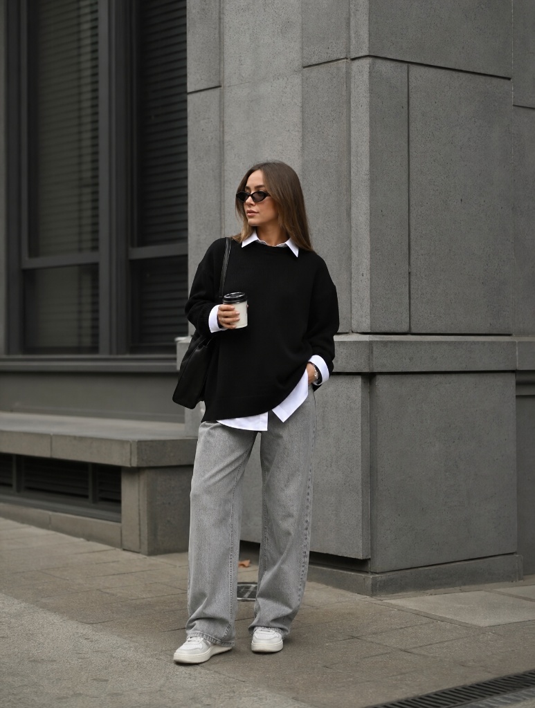 Fall Pants Outfits for Women 2026 Black Oversized Sweater Over White Shirt With Grey Straight-Leg Jeans