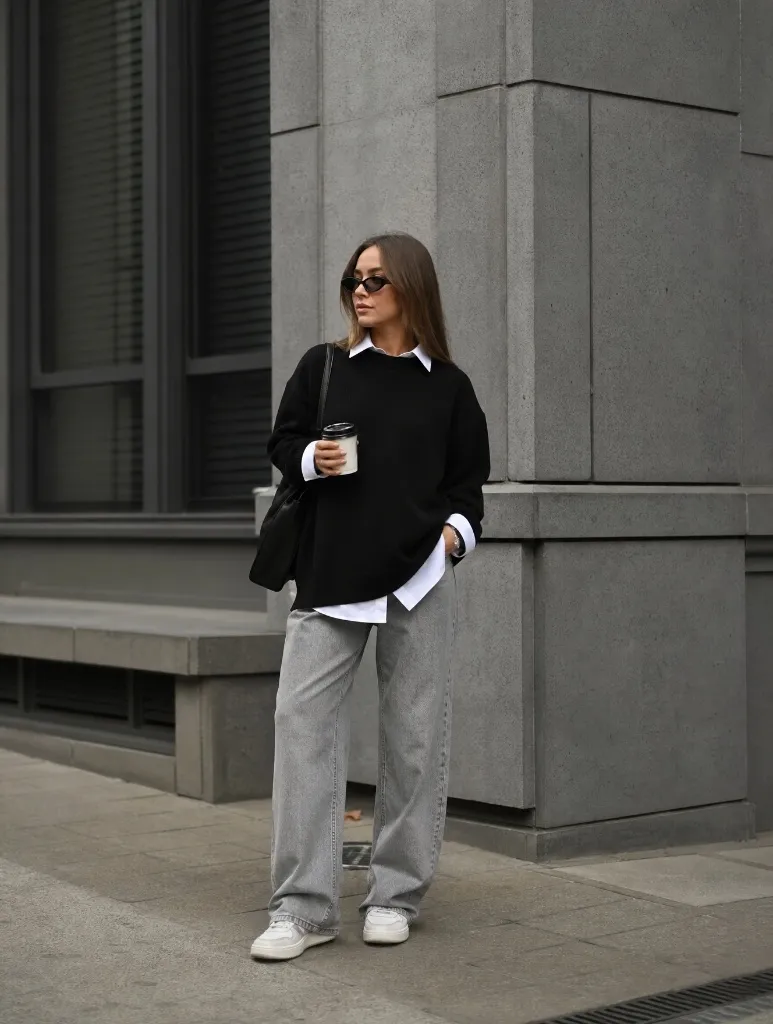 Fall Pants Outfits for Women 2026 Black Oversized Sweater Over White Shirt With Grey Straight-Leg Jeans