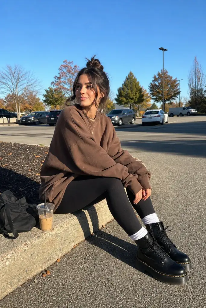 Fall Outfit Ideas with Leggings and Boots 2026 Chocolate Sweatshirt With Curb-Sitting Comfort