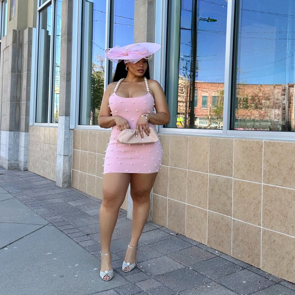 Fall Outfits for Black Women in 2026 Pink Pearl-Embellished Mini Dress With Fascinator for Special Occasions