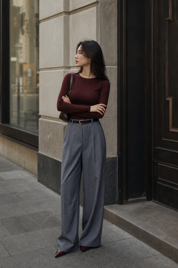 Fall Office Outfit Ideas for Women 2026 Burgundy Knit With Gray Pinstripe Wide-Leg Trousers