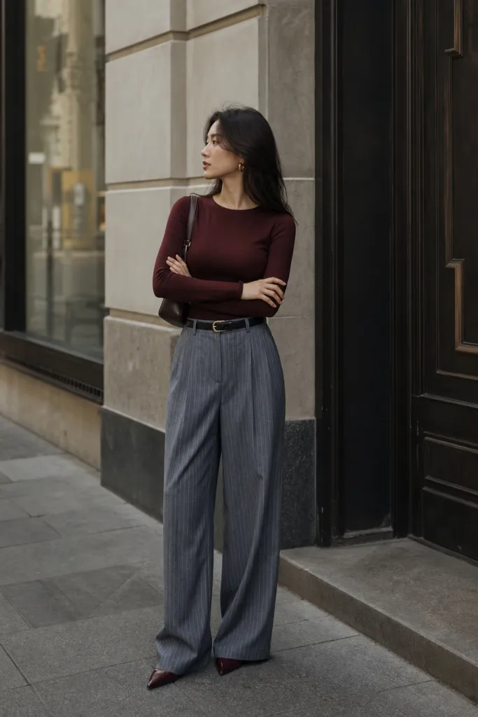 Fall Office Outfit Ideas for Women 2026 Burgundy Knit With Gray Pinstripe Wide-Leg Trousers