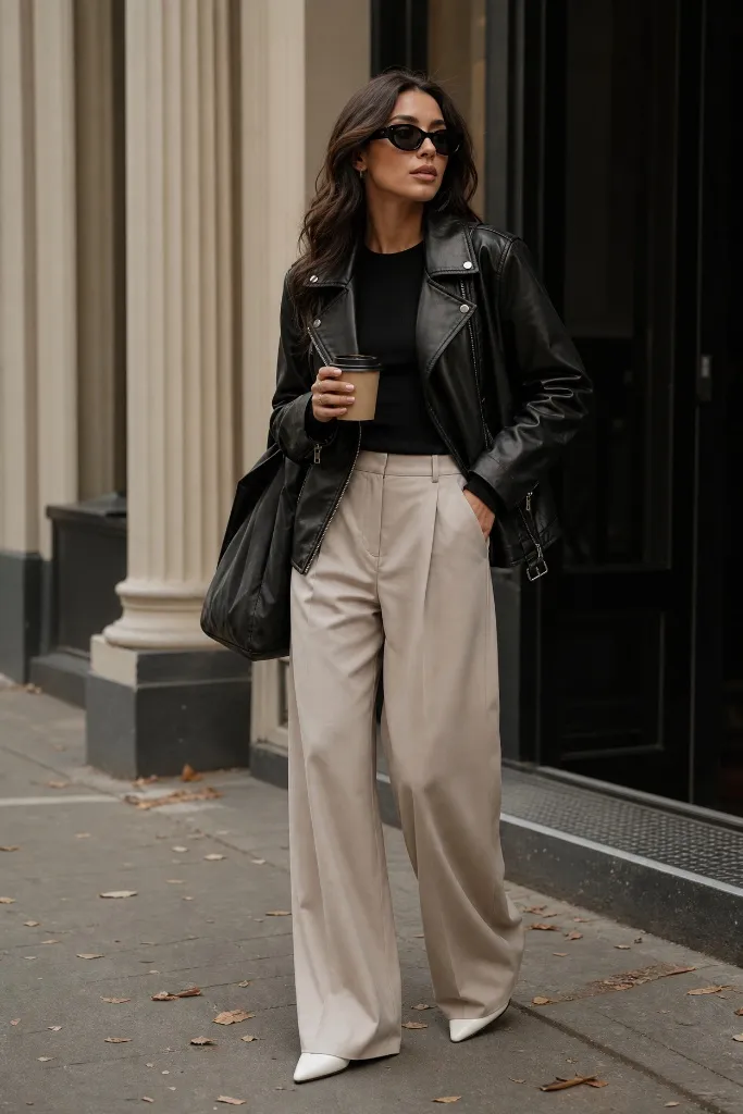 Fall Pants Outfits for Women 2026 Black Leather Jacket Over Cream Wide-Leg Trousers for Street Edge