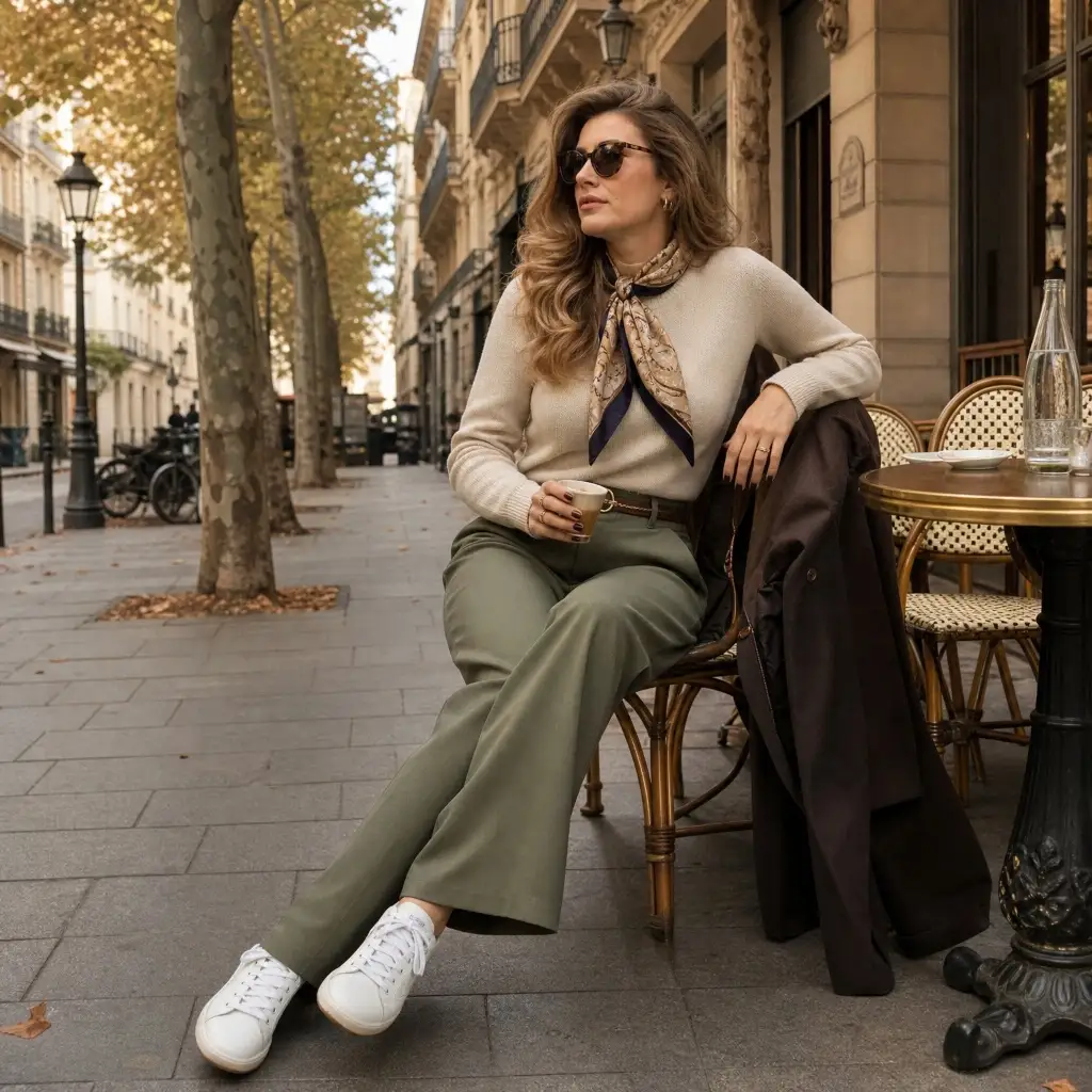 Fall Pants Outfits for Women 2026 Beige Cashmere Sweater With Olive Trousers and Silk Scarf for Café Culture