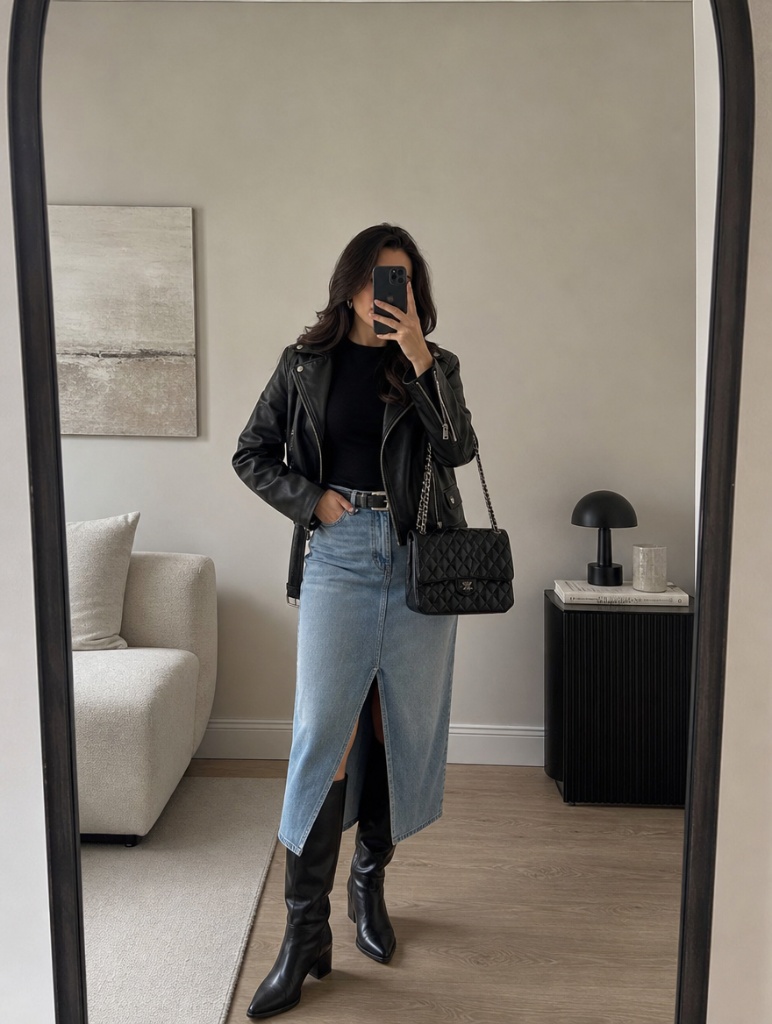 Fall Outfits with Jeans 2026 Black Leather Jacket With Denim Midi Skirt and Knee Boots