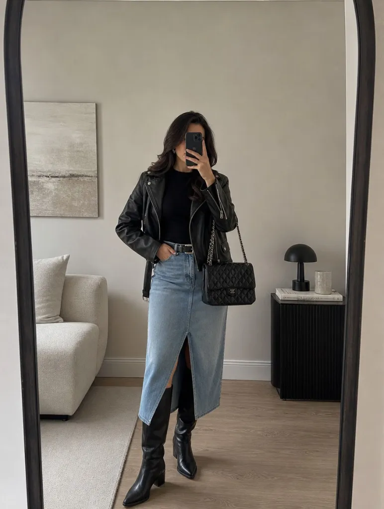 Fall Outfits with Jeans 2026 Black Leather Jacket With Denim Midi Skirt and Knee Boots