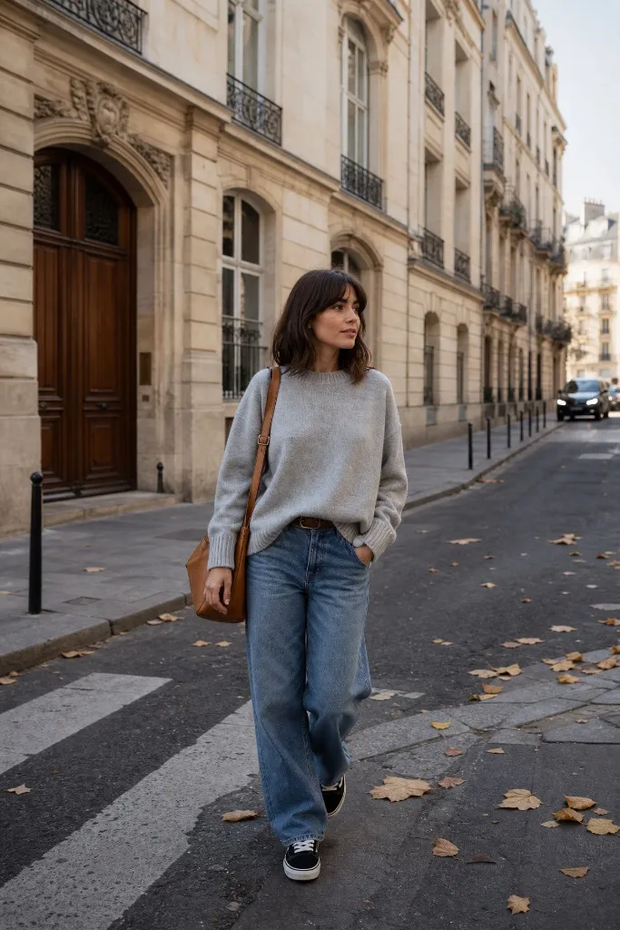 Fall Outfits with Sneakers and Jeans 2026 Grey Sweater With Crosswalk Calm