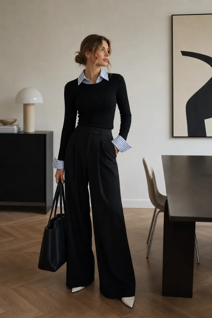 Fall Work Outfits 2026 ideas Black Fitted Knit With Striped Shirt and Wide-Leg Trousers for Layered Polish