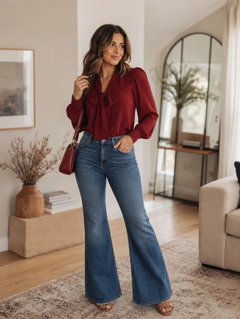 Fall Outfit Ideas for Big Busted Women 2026 Burgundy Bow Blouse With Flared Jeans