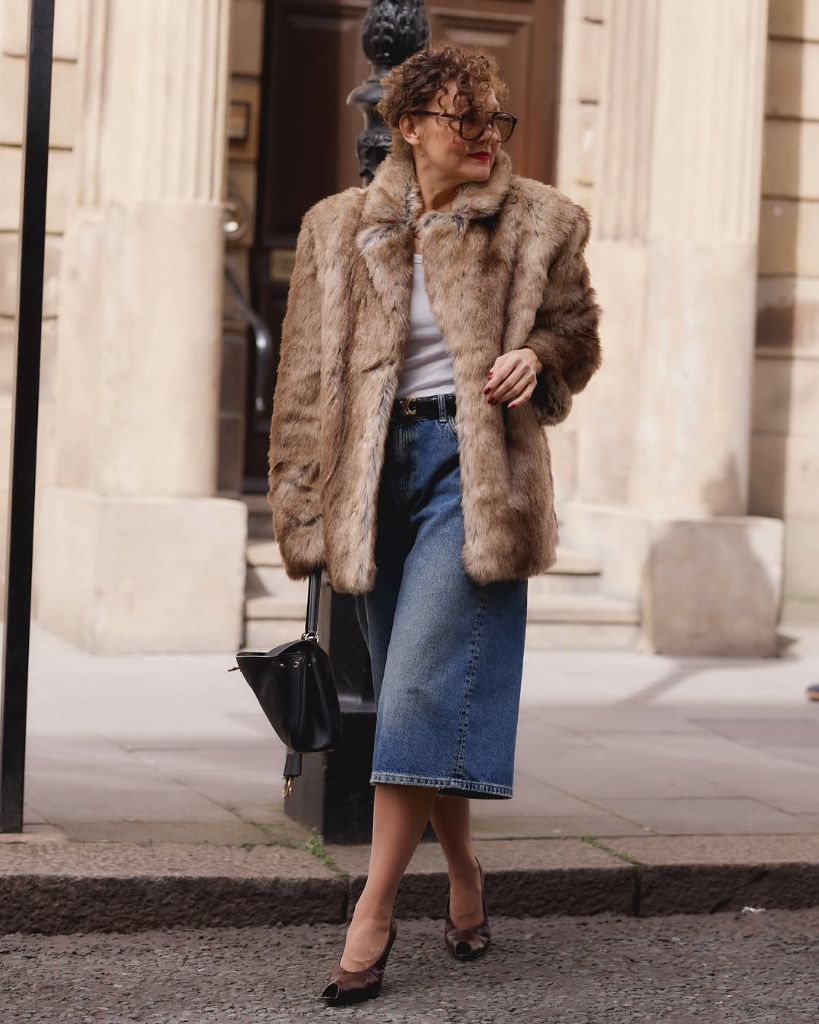 What to Wear This Fall 2026 Over 50 Faux Fur Coat With Denim Midi Skirt and Slingback Heels
