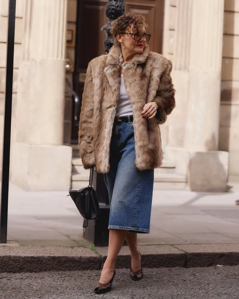 What to Wear This Fall 2026 Over 50 Faux Fur Coat With Denim Midi Skirt and Slingback Heels