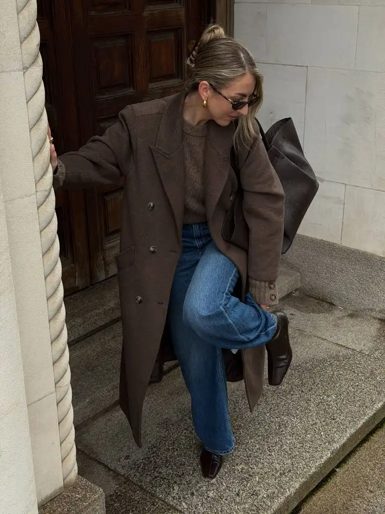 Fall Outfits With Coat 2026 Chocolate Double-Breasted Coat With Brown Knit and Denim