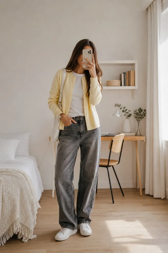 Back-to-School Outfits 2026 Butter Yellow Cardigan and Grey Denim With Easy Warmth