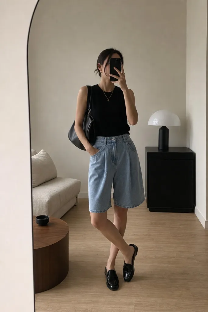 July Outfits Ideas 2026 Black Sleeveless Tank With Knee-Length Denim Bermudas and Loafers