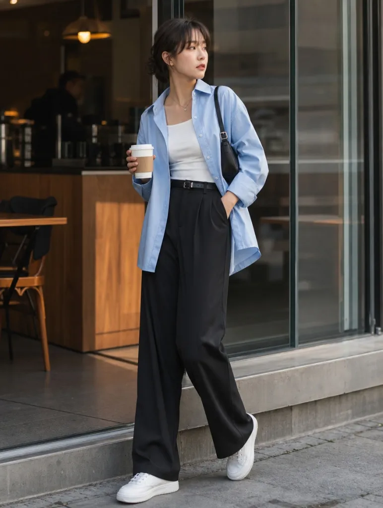 Fall Outfits with Blues for Work 2026 Open Blue Shirt With White Tank and Effortless Korean Style