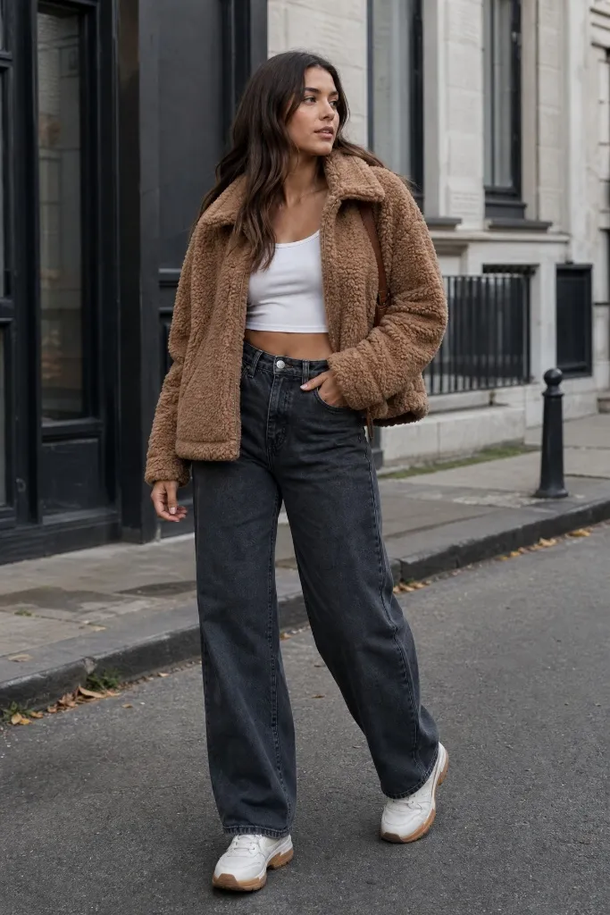Fall Outfits with Sneakers and Jeans 2026 Teddy Jacket With Black Denim Snuggle